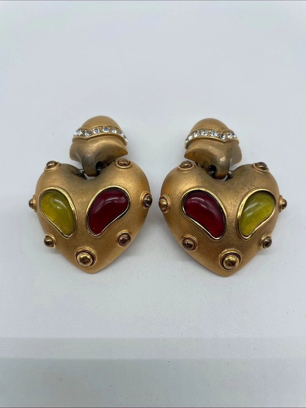 Landau Gold & Red Heart Clip-On Earrings